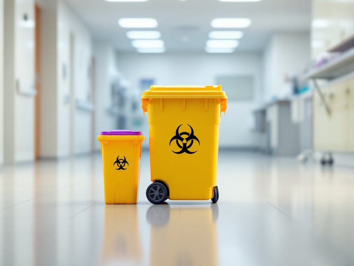 A yellow clinical-waste bin and sharps disposal container marked with biohazard symbols, ready for licensed clinical-waste collection